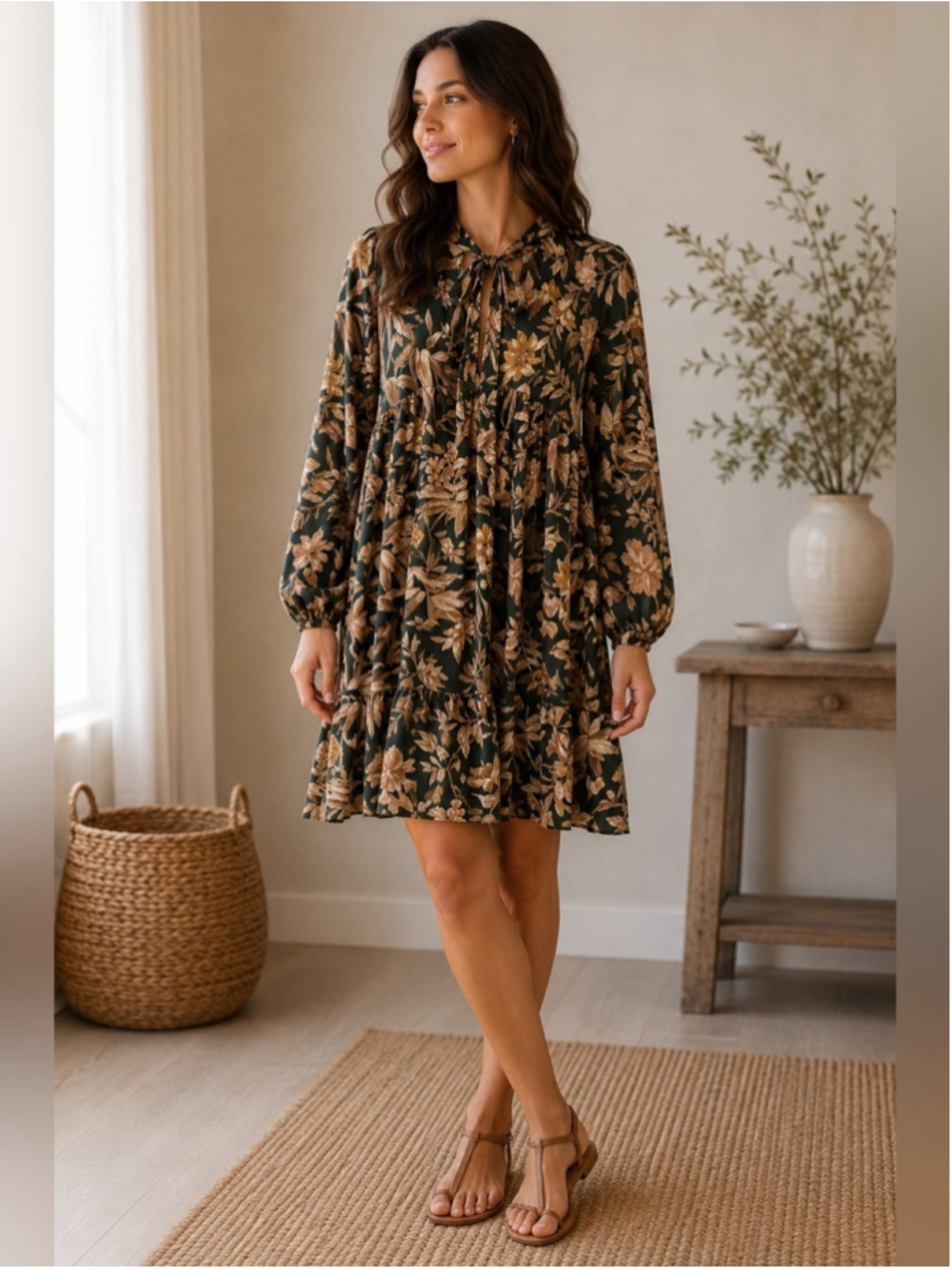 H&M Dark Green Floral Tie-Neck Long Sleeve Mini Dress Size 8 Boho Cottagecore